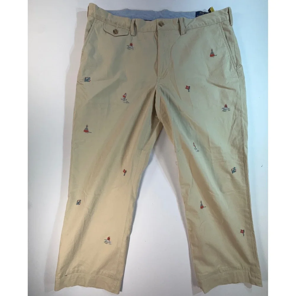 Polo Ralph Lauren Mens 38x30 Tan Nautical Sailboat Embroidered Chino Pants Khaki
